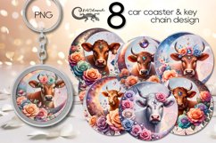 Cow, moon &amp; flowers | 8 Sublimation car coaster &amp; key chain Product Image 1