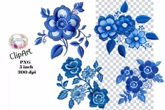 Embroidery, Flowers, Lace, Elements, Clipart, Blue, PNG Product Image 1