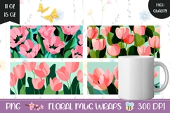 Pink Tulips Mug Wrap Designs, Cartoon Flowers Mug Template Product Image 1