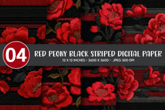 Red Peony Black Striped Digital Paper Product Image 1