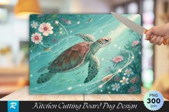 Turtle Gliding Through Water with Floral Cutting Board PNG Product Image 1