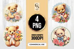 Cute Teddy Bear With Flowers Clipart Sublimation PNG Product Image 1