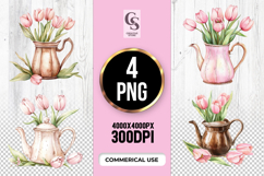 Pink Tulip Teapot Watercolor Clipart PNG Product Image 1