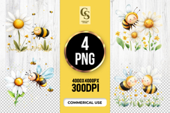 Cute Bee and Daisy Watercolor Clipart PNG Product Image 1