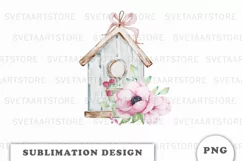 Watercolor Spring birdhouse sublimation png Product Image 1