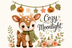 Cozy Moonlight PNG, Crochet Deer Fall Sublimation Clipart Product Image 1
