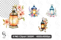 Watercolor Floral Lantern clipart sublimation png Product Image 1