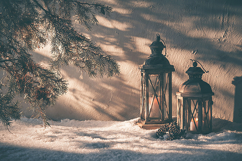 Rustic Winter Scene with Pine Bough, Snow and Lanterns Product Image 1