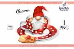 Watercolor gnome in a mug of tea with cookies, Gnome PNG Product Image 1