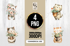 Cute Cat Flower Pot Watercolor Clipart Sublimation PNG Product Image 1