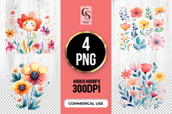 Cute Daisy Poppy Watercolor Floral Clipart Sublimation PNG Product Image 1