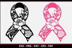 Black and pink rose breast cancer ribbon awareness SVG PNG Product Image 1