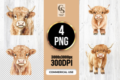 Cute Highland Cow Watercolor Portrait Clipart PNG Product Image 1