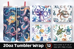 Watercolor Turtle and Octopus Tumbler Wrap, 20oz Skinny Tumb Product Image 1