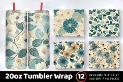 Teal &amp; Beige Flowers Tumbler Wrap, 20oz Skinny Tumbler Wrap Product Image 1