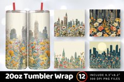 Vintage Cityscape Wildflowers Tumbler Wrap, 20oz Skinny Tumb Product Image 1