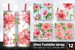 Watercolor Hibiscus Floral Gingham Tumbler Wrap, 20oz Skinny Product Image 1