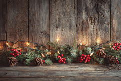 Rustic Wood Background with Christmas Garland and Lights Product Image 1