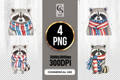Watercolor Cute Raccoon with American Flag Scarf PNG Clipart Product Image 1