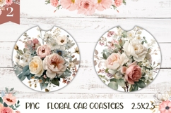 Floral Car Coasters, Watercolor White Roses Coaster Template Product Image 1