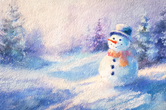 Watercolor Snowman in Winter Landscape Artistic Background Product Image 1