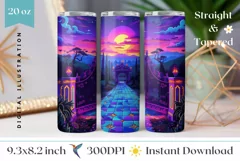 Sunset Tumbler Wrap Design, Neon Pink Tumbler Design Product Image 1