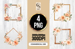 Watercolor Peach Floral Wooden Frame Clipart Sublimation PNG Product Image 1