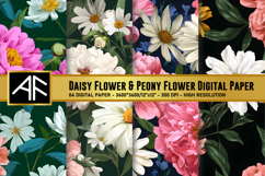 Daisy &amp; Peony Flower Digital Paper Product Image 1