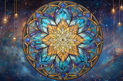 Stained Glass Mandala on Cosmic Galaxy Background Art Product Image 1