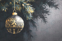 Watercolor Black and Gold Ornament on Pine Branch Art Product Image 1