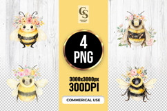 Cute Watercolor Bumblebee With Flower Crown Clipart PNG Product Image 1
