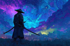 Samurai Fantasy Art with Swirling Night Sky Background Product Image 1
