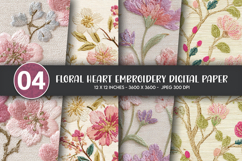 Floral Heart Embroidery Digital Paper Product Image 1
