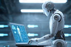 Futuristic Robot Using Laptop in High-Tech Lab Scene Product Image 1