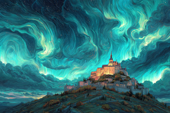 Fantasy Castle Landscape with Swirling Aurora Sky Art Product Image 1