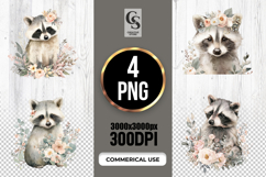 Cute Floral Raccoon Watercolor Clipart Sublimation PNG Product Image 1