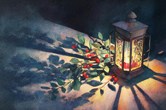 Watercolor Lantern Holly Berries Rustic Winter Art Backgroun Product Image 1