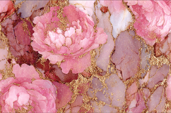 Pink floral artwork with gold accents on marble background Product Image 1