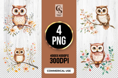 Watercolor Floral Owl Clipart Sublimation PNG Product Image 1