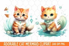 Adorable Cat Mermaid Clipart, Watercolor Clipart Product Image 1