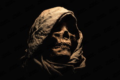 Hooded Skull in Dark Dramatic Lighting Horror Background Product Image 1