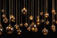 Hanging Golden Ornaments with Lights on Black Background Product Image 1