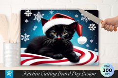 Black Kitten in Santa Hat on Festive Cutting Board PNG Product Image 1