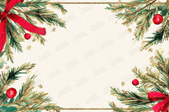 Watercolor Pine Frame Red Ribbons Berries Gold Glitter Borde Product Image 1