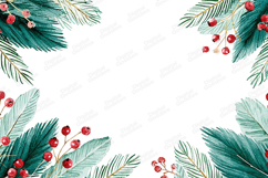 Watercolor Evergreen and Red Berries Corner Frame Background Product Image 1