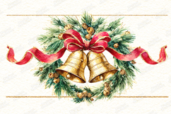 Watercolor Christmas Bells Wreath Red Ribbon Gold Glitter Product Image 1
