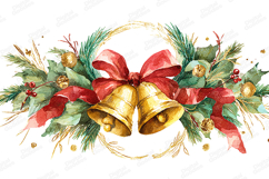 Watercolor Christmas Bells Garland Red Ribbon Gold Glitter Product Image 1
