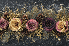 Gold Glitter Flowers Pinecones Black Background Holiday Bord Product Image 1