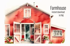 Red Farmhouse clipart, Watercolor house, Red Farm 14 PNG Product Image 1