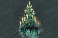 Watercolor Dark Christmas Tree Candles Moody Background Art Product Image 1